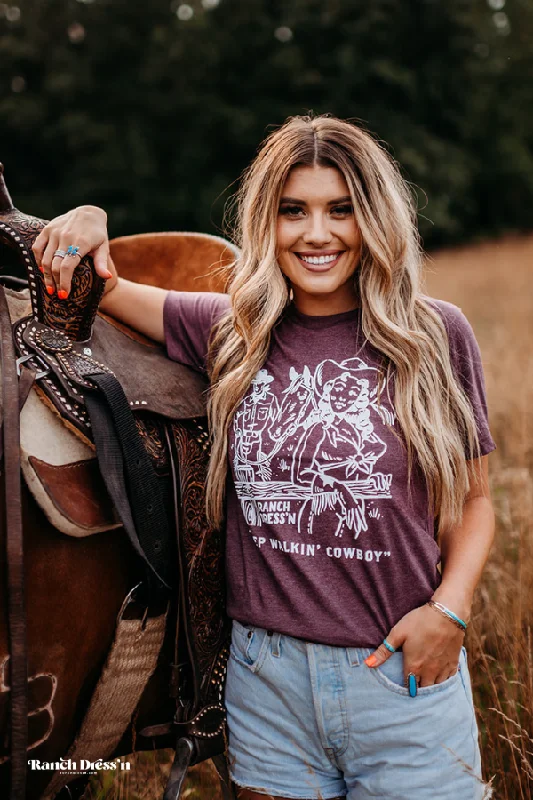 KEEP WALKIN' COWBOY - HEATHER MAROON TEE Hooded Caped Shawl Collar
