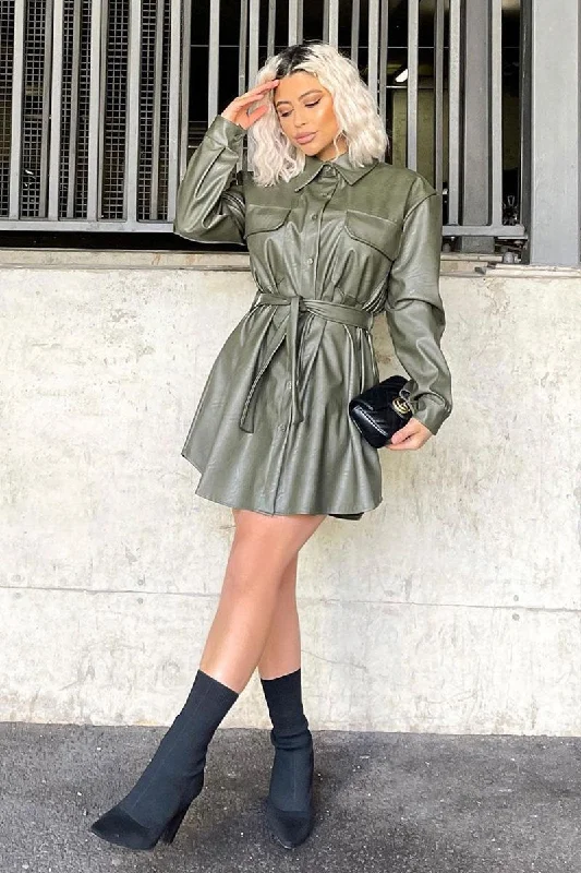 Khaki Faux Leather Belted Shirt Mini Dress - Alese Trendy Off-Shoulder Dress Mini