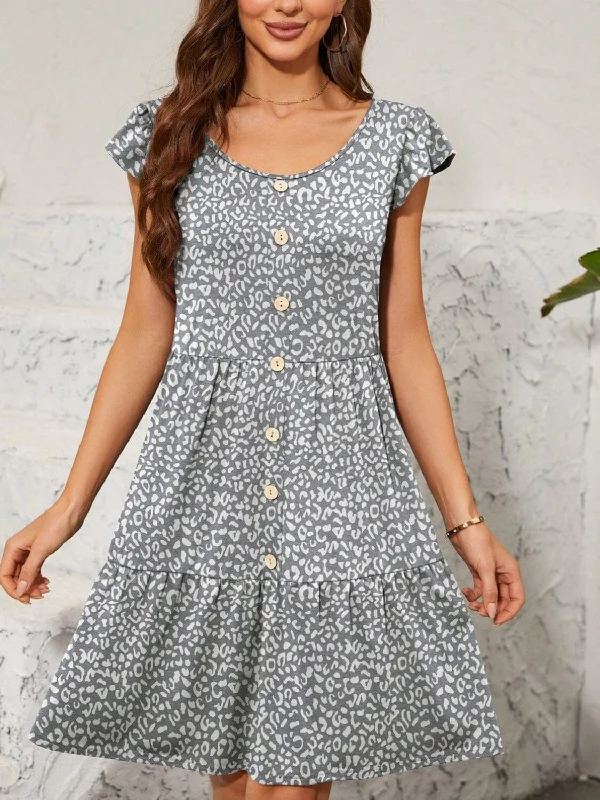 Leopard Round Neck Cap Sleeve Mini Dress Stylish Ribbed Mini Dress
