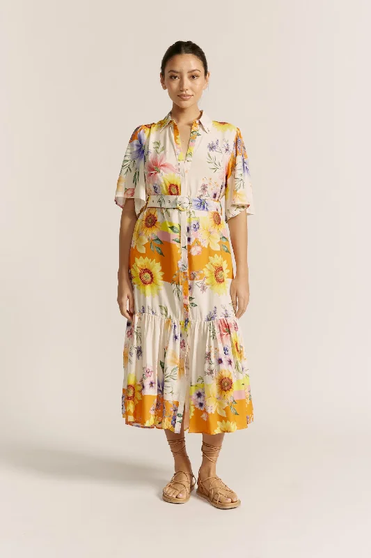 Liora Yellow Floral Belted Midi Dress Stylish Tiered Midi Dress