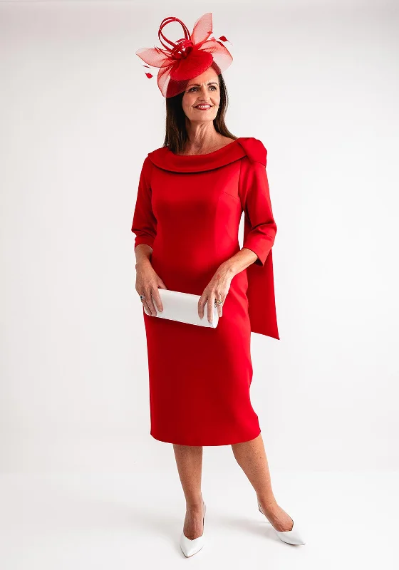 Lizabella Bow Detail Collar Pencil Midi Dress, Red Fashionable One-Shoulder Midi Dress Lizabella Bow Detail Collar Pencil Midi Dress, Red Fashionable One-Shoulder Midi Dress