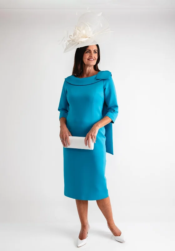 Lizabella Bow Detail Collar Pencil Midi Dress, Teal Blue Elegant Maxi-Midi Hybrid Dress Lizabella Bow Detail Collar Pencil Midi Dress, Teal Blue Elegant Maxi-Midi Hybrid Dress