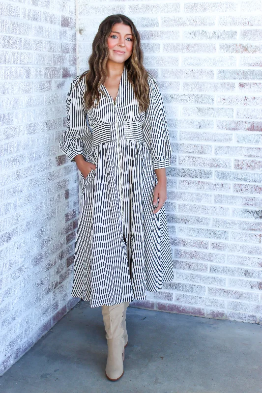 Looking For Love Striped Zipper Detail Midi Dress Trendy Tiered Hem Midi Dress