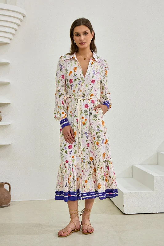 Lyvanne Multicolour Floral Belted Midi Dress Elegant Pleated Sleeve Midi Dress