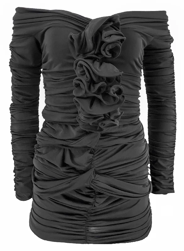 Magda Butrym Off The Shoulder Ruched Mini Dress with Rose Detail in Black Fashionable Off-Shoulder Mini Dress