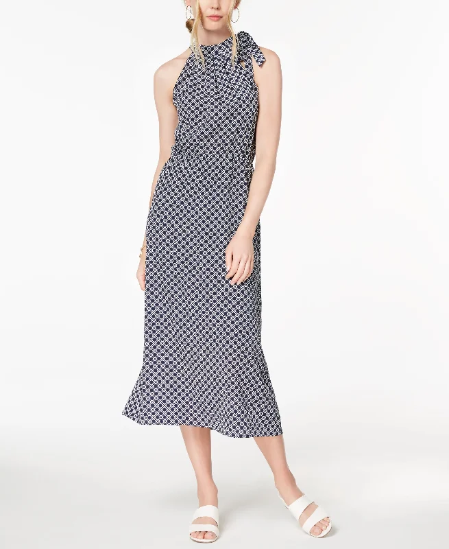 Maison Jules Printed Tie Neck Midi Dress Cozy Ribbed Knit Midi Dress