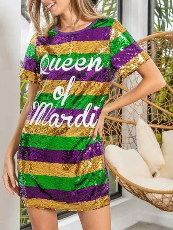 Blue Zone Planet |  Mardi Gras Sequined Striped lettering T-shirt midi dress Real Fur Shearling Chenille
