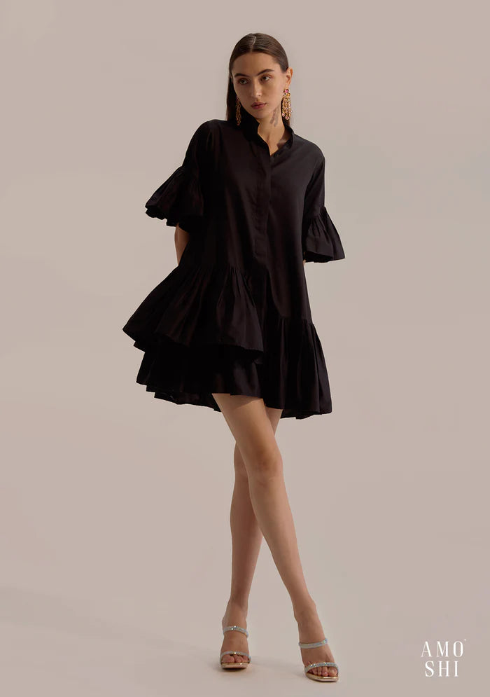 Ruffled sleeve 100% Cotton mini Dress for Women Trendy Wraparound Mini Dress