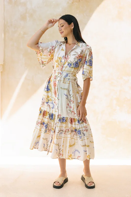 Melina Multicolour Floral Belted Midi Dress Cozy Wide Strap Midi Dress