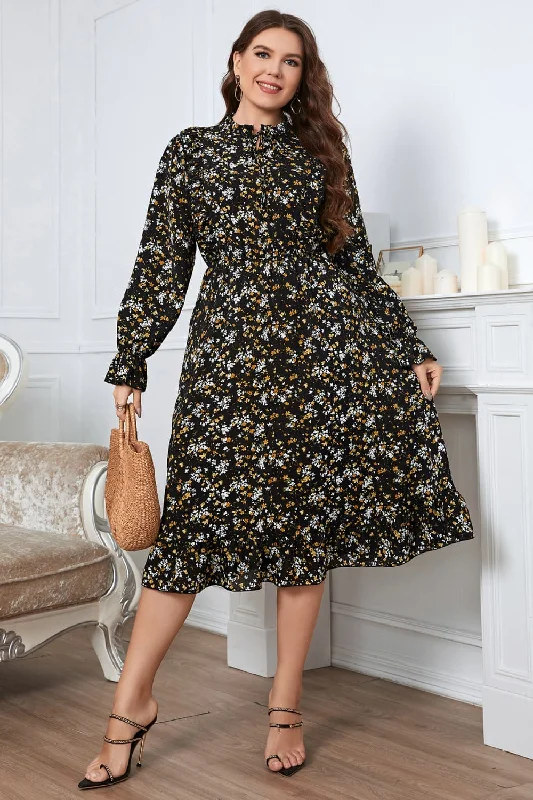 Plus Size Floral Flounce Sleeve Midi Dress Comfortable Denim Midi Dress