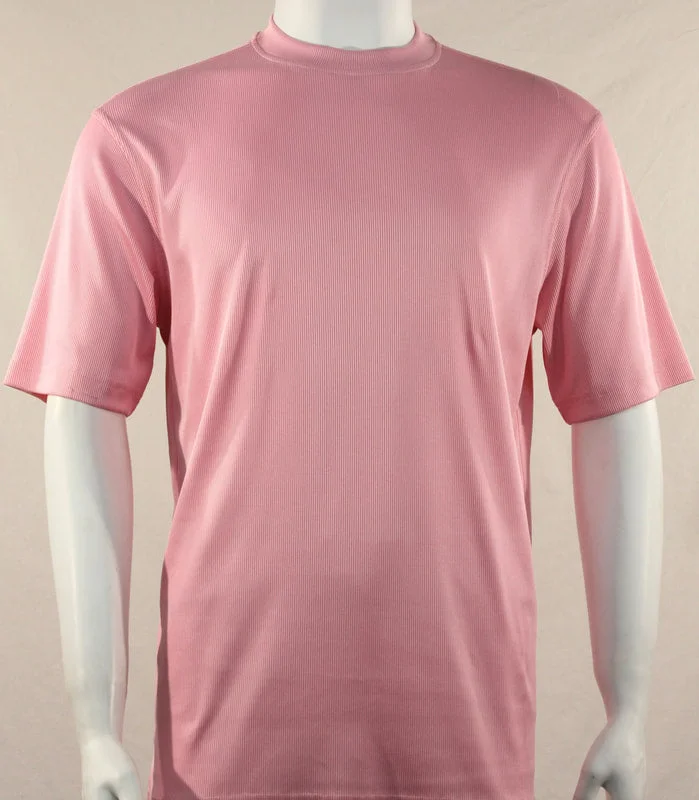 Mens Elegant Silky Pink Mock Neck Dressy T-Shirt Handmade Hand-knitted Hand-woven