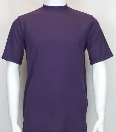Mens Elegant Silky Purple Mock Neck Dressy T-Shirt Collared Crew Neck Turtle Neck