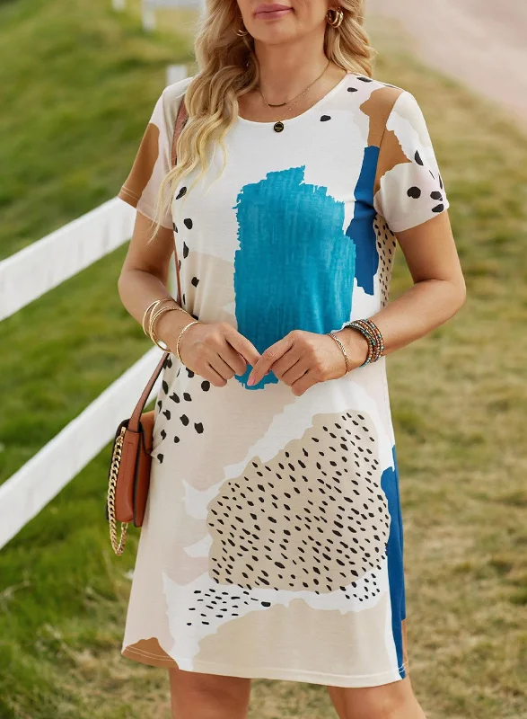 Mixed Print Round Neck T-Shirt Dress Spandex Blend Rayon Blend Denim Blend
