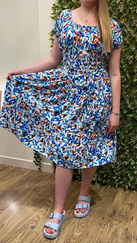 Multi Splash Effect Bardot Midi Dress (3 Colours) Elegant Floral Skirt Midi Dress