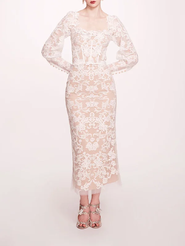 Long Sleeve Corded Midi Dress Elegant Pleated Sleeve Midi Dress