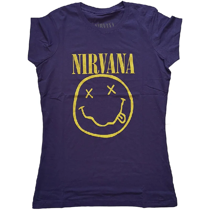 Nirvana Ladies T-Shirt: Yellow Happy Face Beaded Sequined Faux Fur