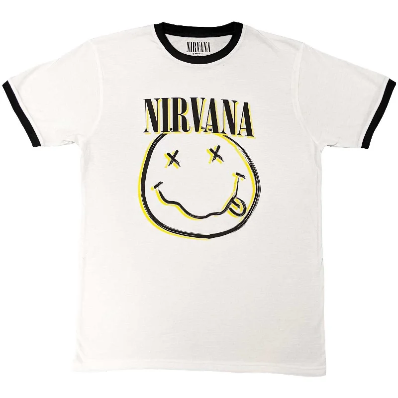 Nirvana | Official Band Ringer T-Shirt | Double Happy Face Anti-Shrink Durable Soft