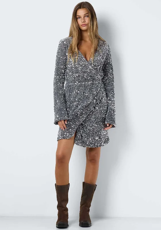Noisy May Mia Sequin Wrap Mini Dress, Silver Stylish Ribbed Mini Dress
