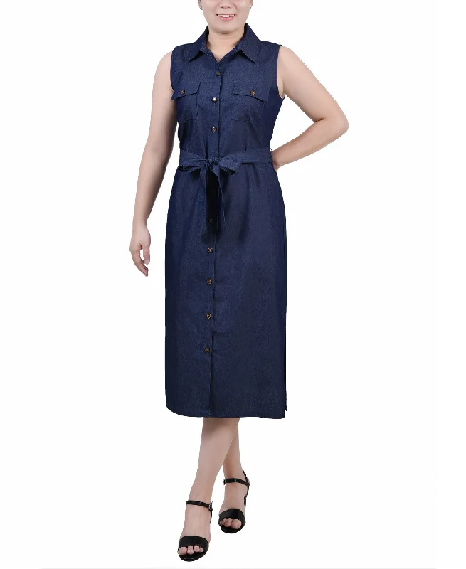 Petite Sleeveless Belted Chambray Midi Dress Elegant Sleeveless Midi Dress