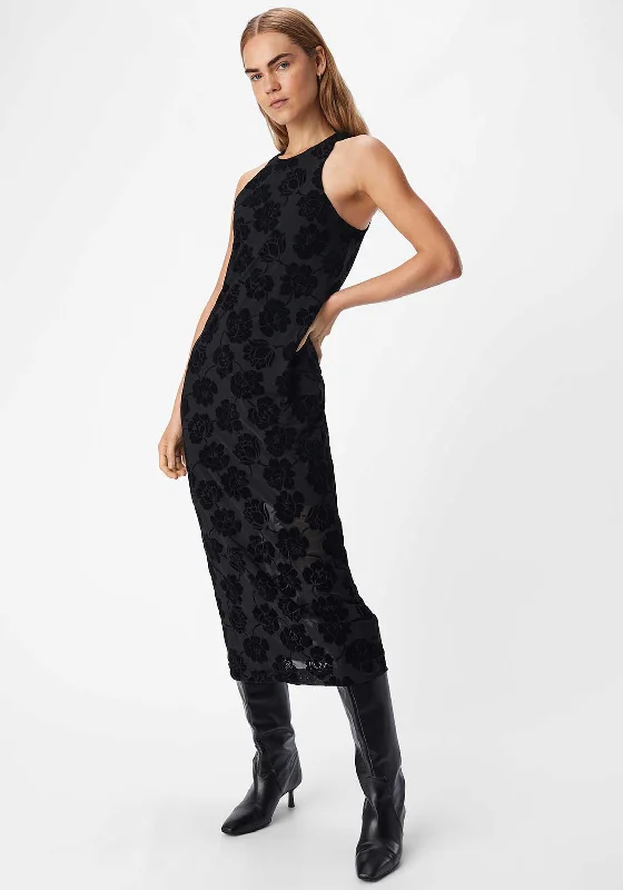 Object Alma Mesh Floral Midi Dress, Black Trendy Flared Sleeve Midi Dress