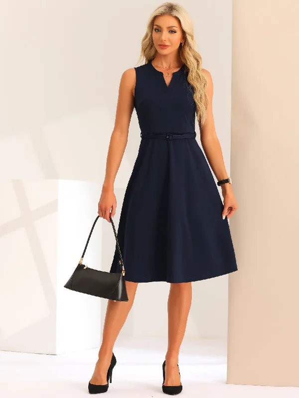 Notch Neck Belted Sleeveless Work Office A-Line Midi Dress Cozy Tie-Dye Midi Dress