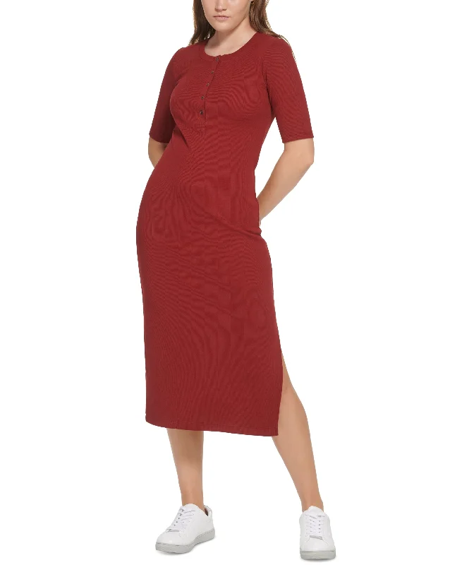 Petite Ribbed Side-Slit Midi Dress Fashionable Casual Midi Dress