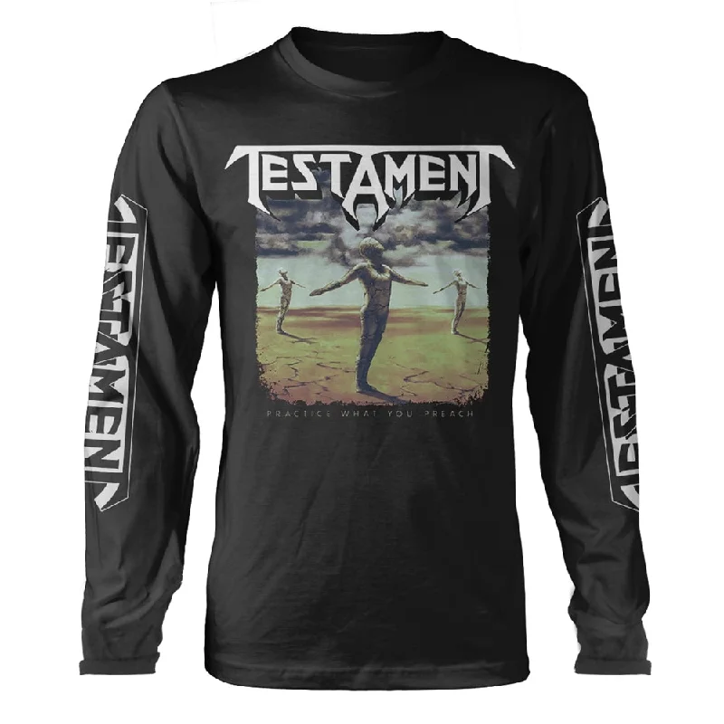 Testament Unisex Long Sleeved T-shirt: Practice What You Preach (back print) Notch Collar Peter Pan Collar Cowl Neck Testament Unisex Long Sleeved T-shirt: Practice What You Preach (back print) Notch Collar Peter Pan Collar Cowl Neck