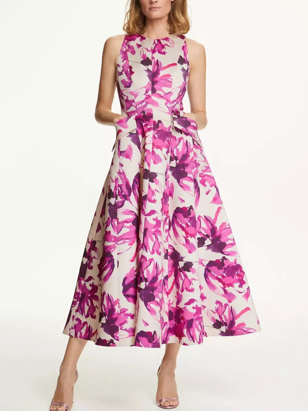 Pink Floral Printed Sleeveless Flared Midi Dress Elegant Faux Wrap Midi Dress