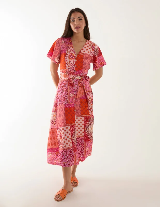 Patchwork Button Through Belted Midi Dress Stylish Off-Shoulder Ruffle Dress