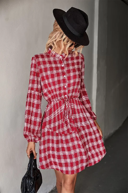 Plaid Band Collar Drawstring Shirt Mini Dress Elegant Satin Lace Mini Dress