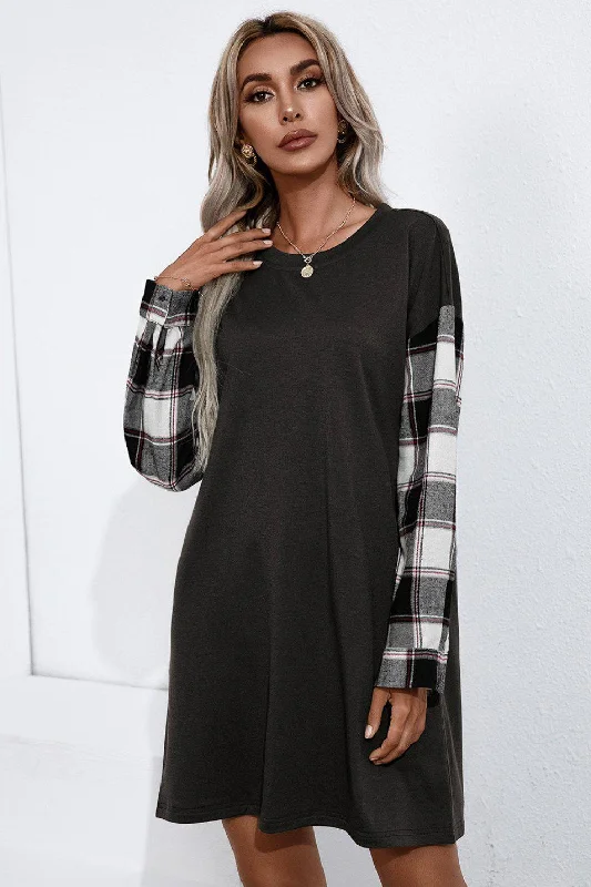 Plaid Sleeve Contrast T-Shirt Dress Mesh Blend Leather Blend Suede Blend