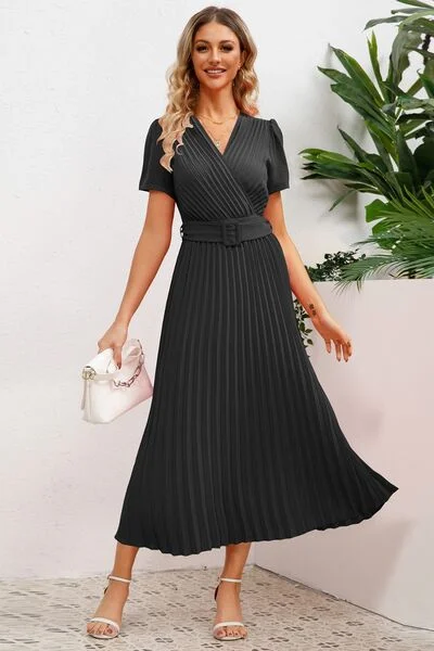 Blue Zone Planet | Pleated Surplice Short Sleeve Midi Dress Comfortable Deep V Midi Dress Blue Zone Planet | Pleated Surplice Short Sleeve Midi Dress Comfortable Deep V Midi Dress