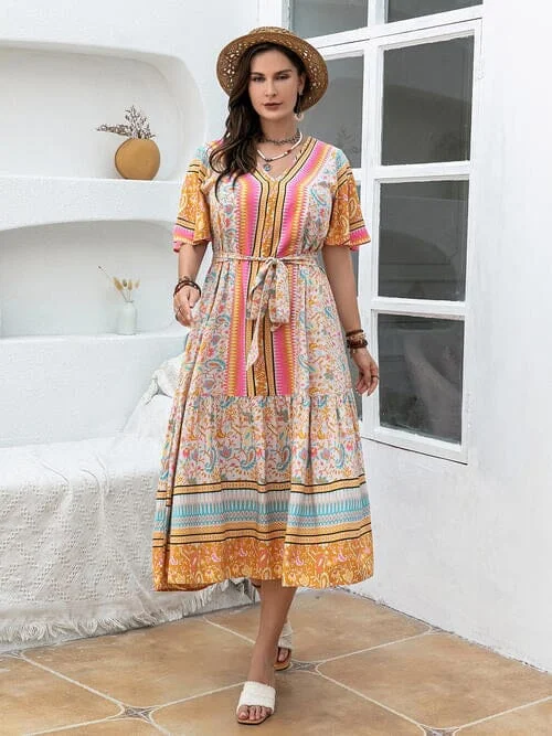 Plus Size Floral Tied Short Sleeve Midi Dress Comfortable Floral Print Midi Dress