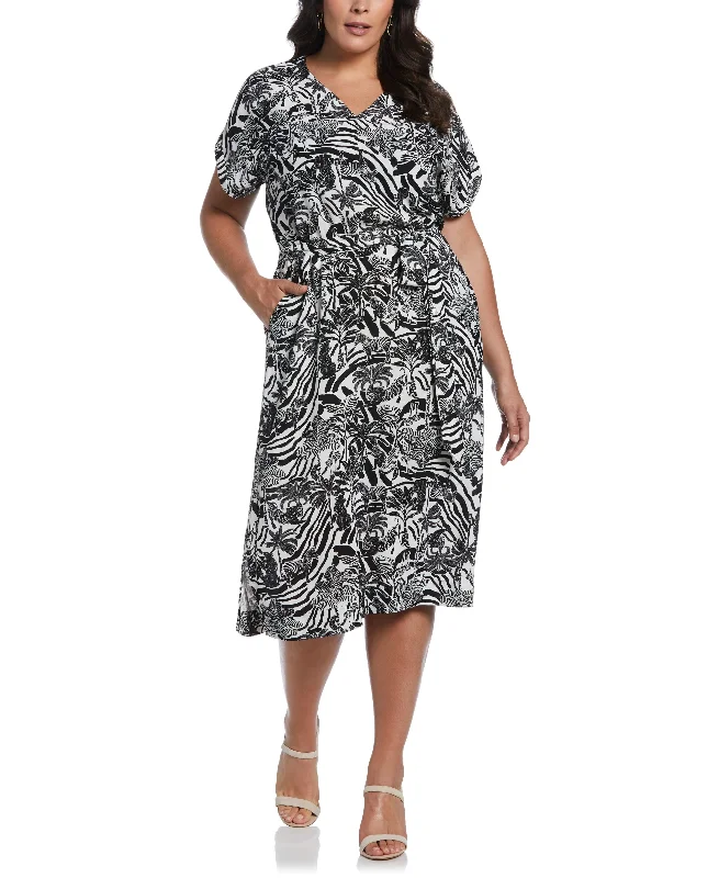 Plus Size Zebra Print V-Neck Sleeveless Midi Dress with Self Fabric Tie Stylish Cold Shoulder Midi Dress Plus Size Zebra Print V-Neck Sleeveless Midi Dress with Self Fabric Tie Stylish Cold Shoulder Midi Dress
