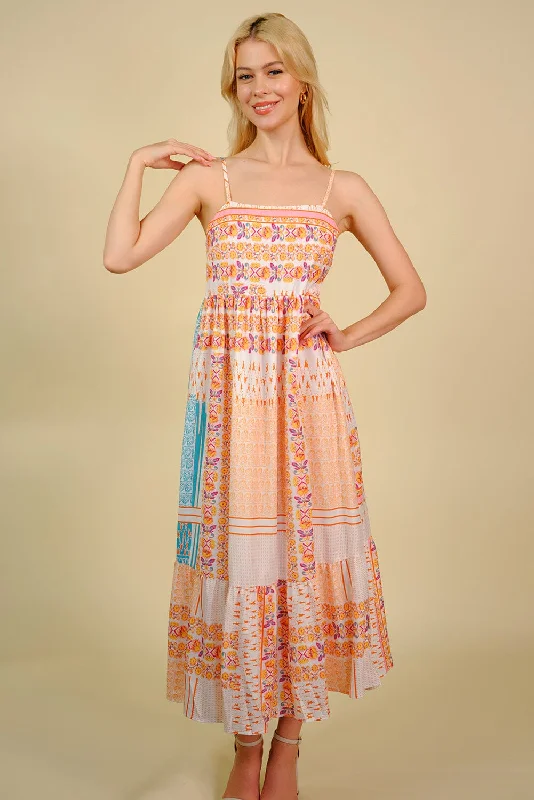 Printed Spaghetti Strap Smocked Midi Dress Comfortable Geometric Print Midi Dress