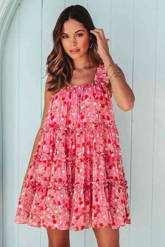 Pink Floral Square Neck Sleeveless Mini Dress Cozy Ribbed Mini Dress