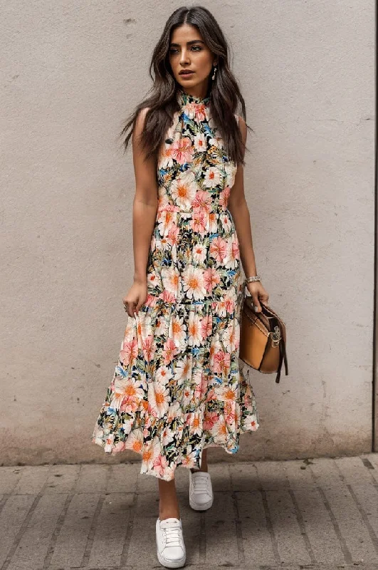 Printed Tiered Pocketed Mock Neck Midi Dress Trendy Smocked Detail Midi Dress