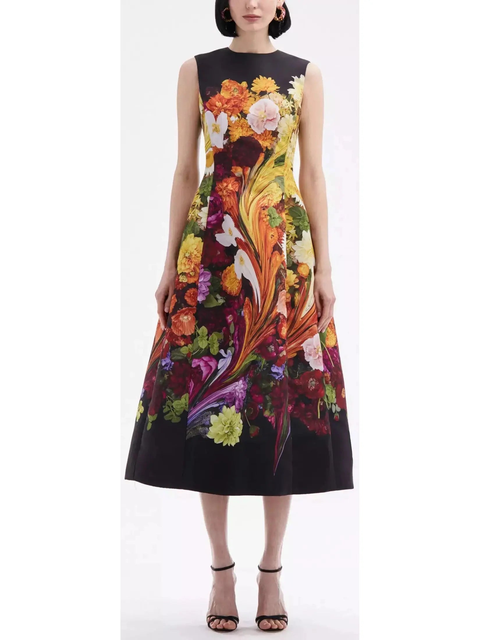 Rainbow Flower Marble Print Faille Midi Dress Trendy Flared Sleeve Midi Dress