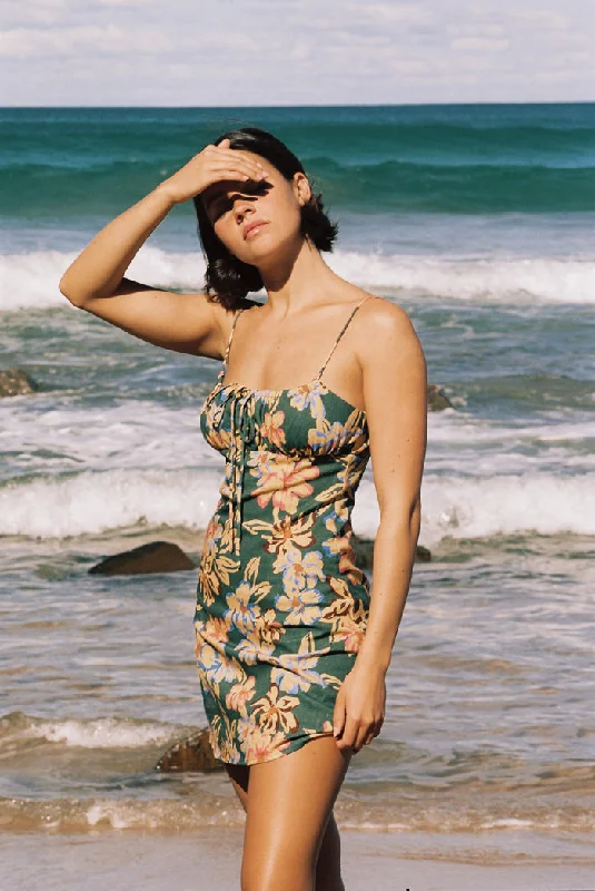 Rhythm Hawaiian Floral Gathered Mini Dress - JUNGLE Trendy Cut-Out Mini Dress