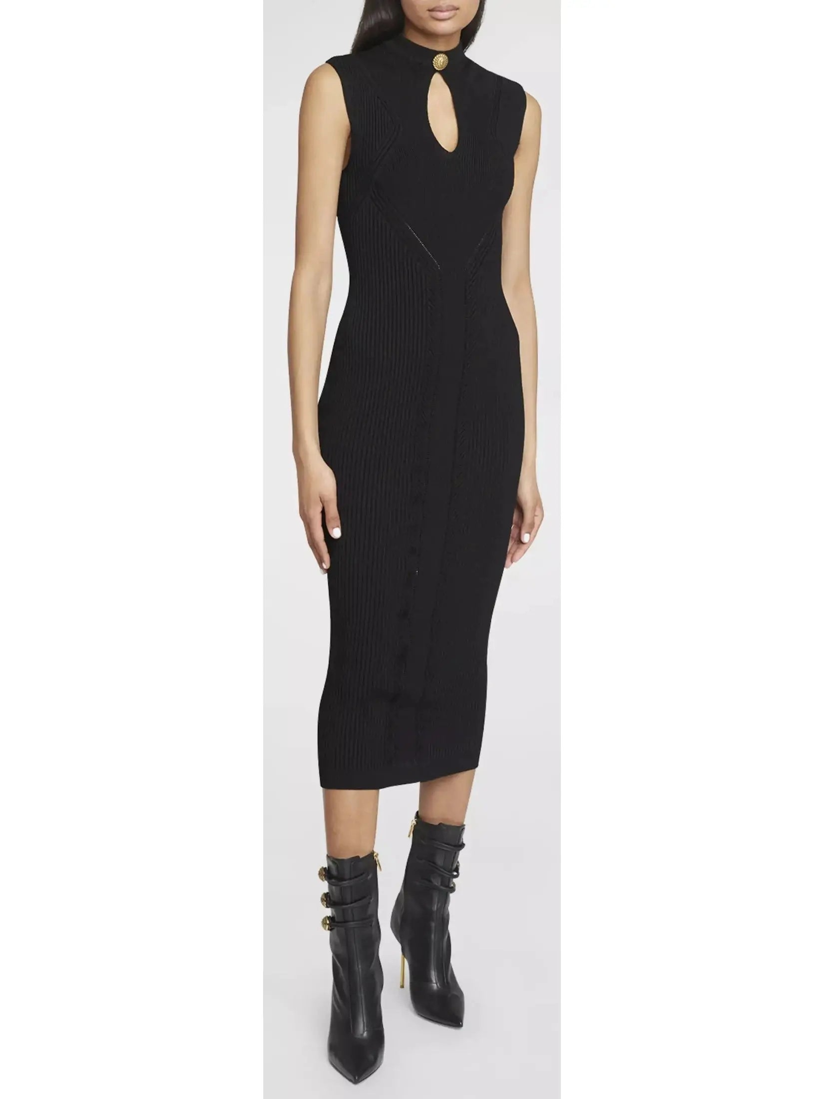 Ribbed-Knit Key-Hole Midi Dress in Black Stylish Silk Midi Dress