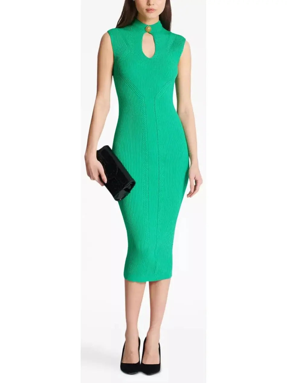 Ribbed-Knit Key-Hole Midi Dress in Green Comfortable Geometric Print Midi Dress
