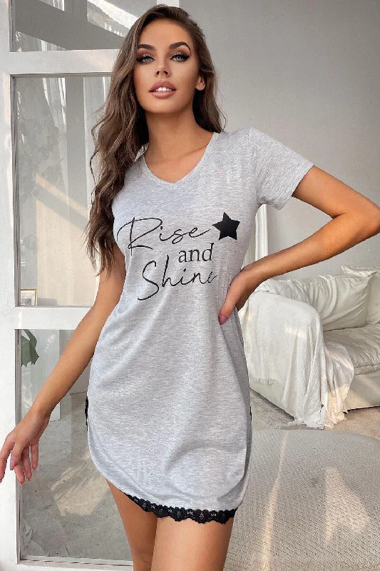 RISE AND SHINE Contrast Lace V-Neck T-Shirt Dress Hooded Caped Shawl Collar