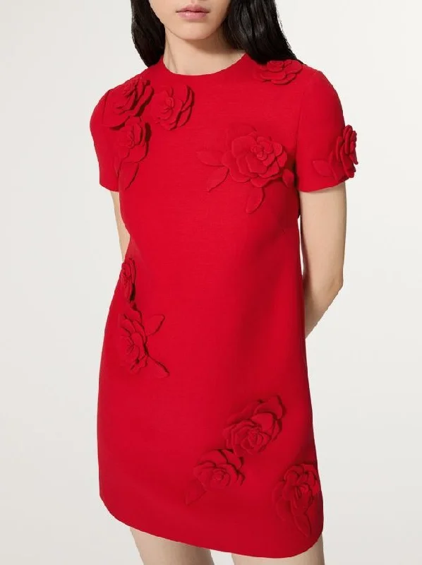 Rose-Appliqué Mini Dress in Red Cozy Wraparound Mini Dress
