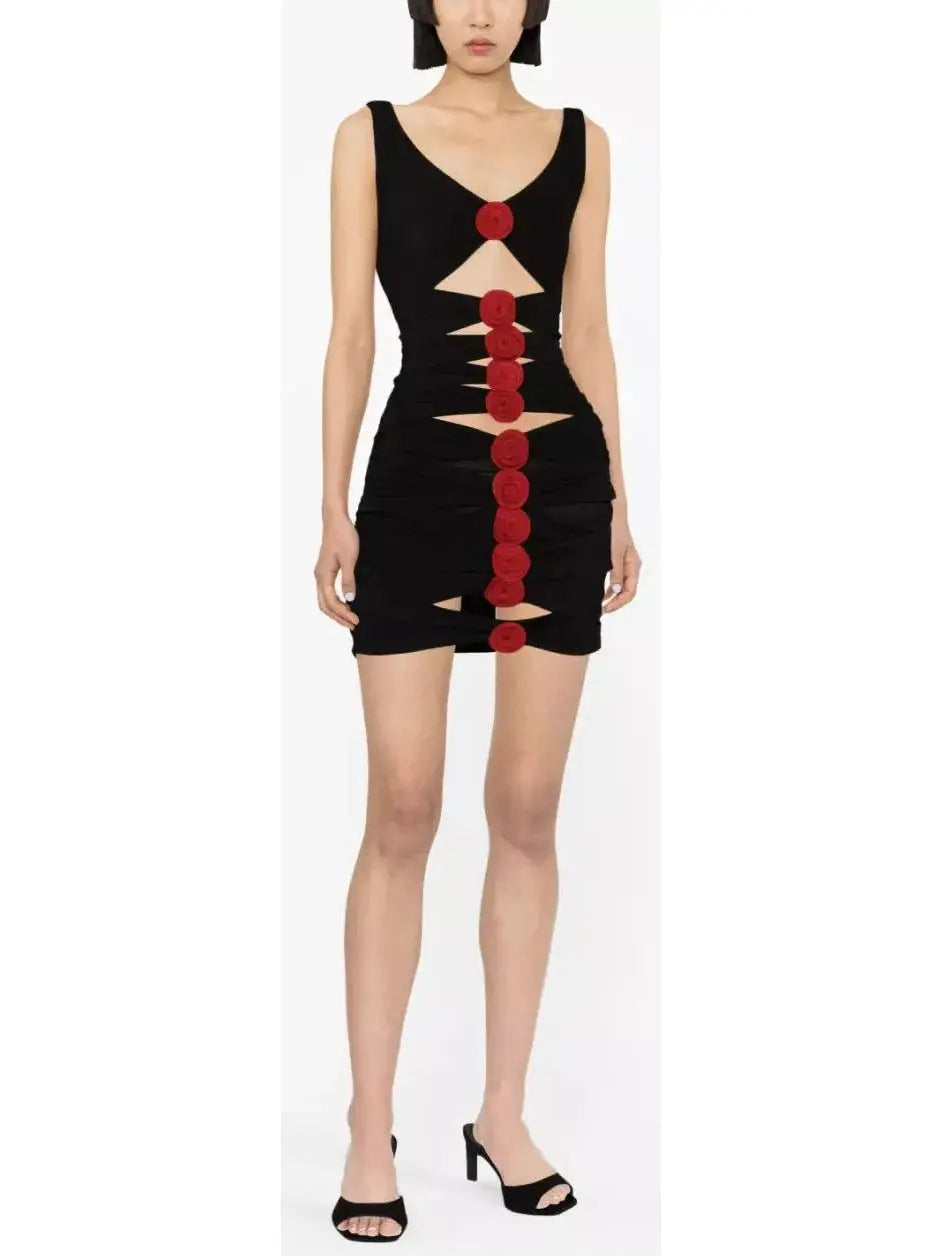Rose-Appliqué Mini Dress Stylish Short-Sleeve Mini Dress