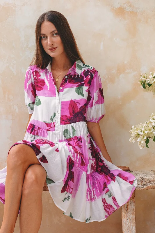 Roselyn Pink Floral Puff Sleeve Mini Dress Stylish Ruffle Mini Dress