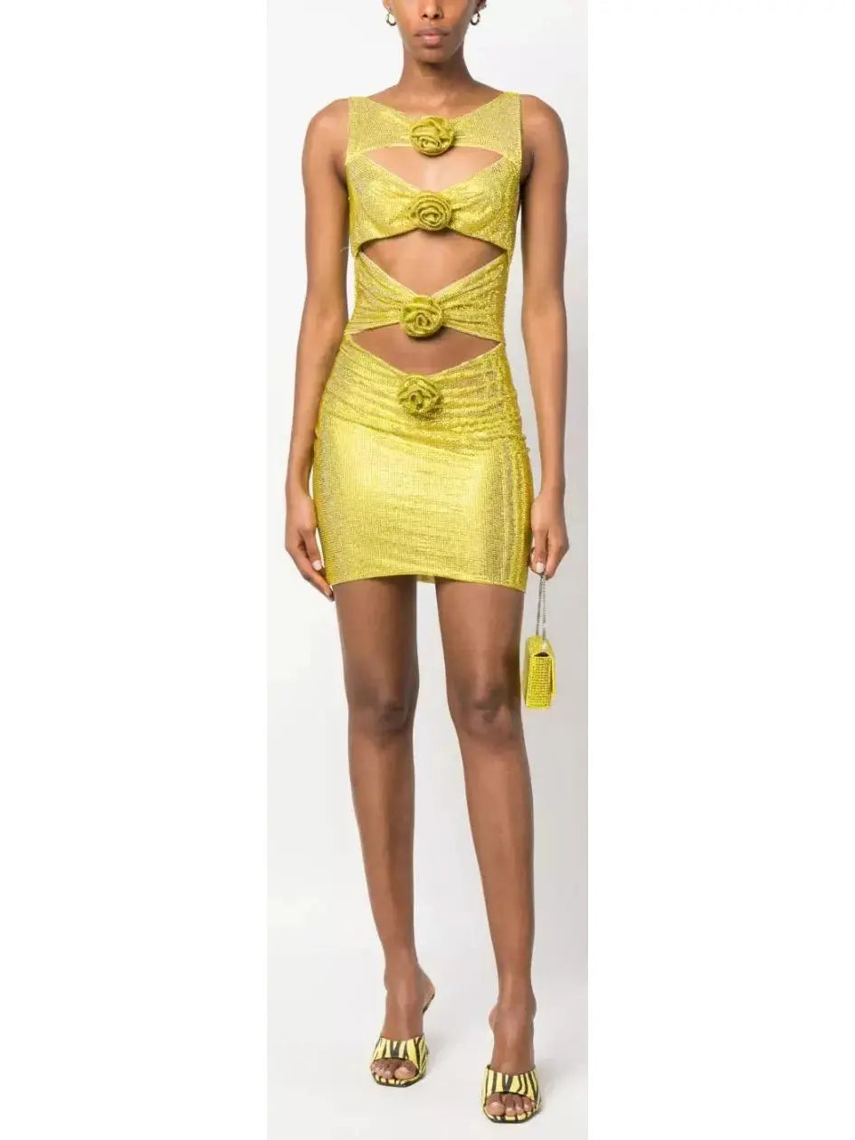 Rosette-Detail Cut-Out Embellished Mini Dress, Gold Cozy Satin Mini Dress