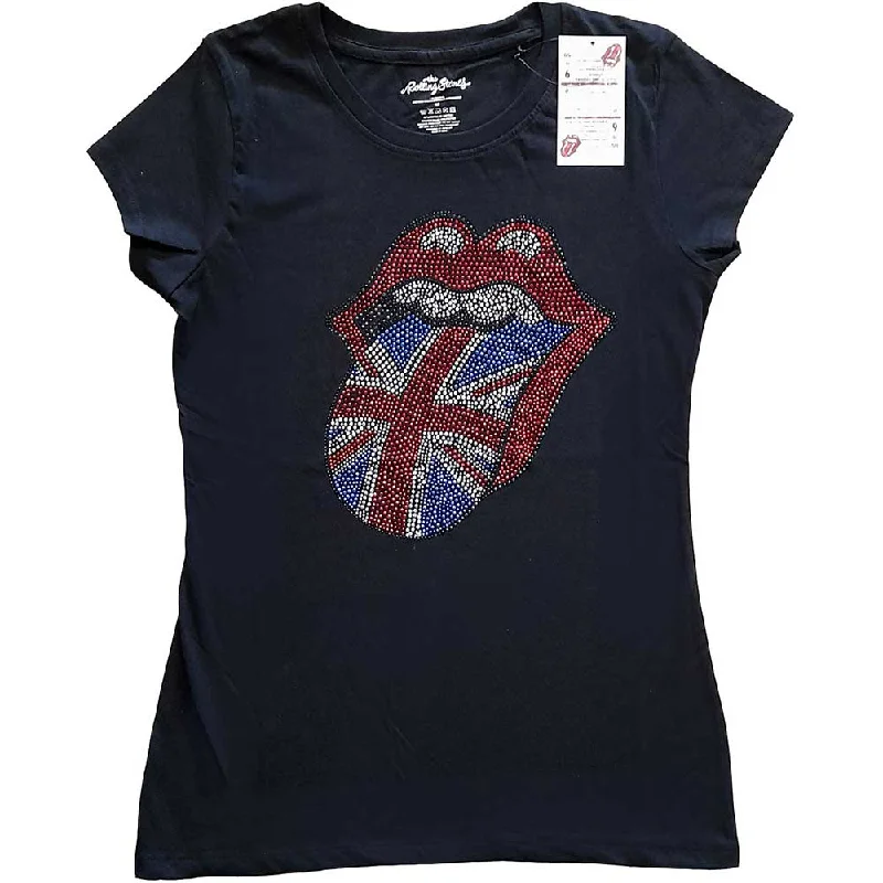 The Rolling Stones Ladies T-Shirt: Classic UK (Diamante) Nylon Fabric Polyester Fabric Spandex Fabric The Rolling Stones Ladies T-Shirt: Classic UK (Diamante) Nylon Fabric Polyester Fabric Spandex Fabric