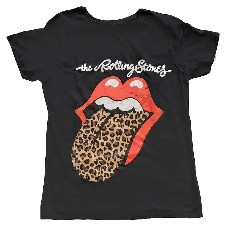 Rolling Stones Ladies T-Shirt: Leopard Print Tongue Chenille Brocade Lace