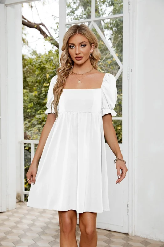 Ruched Square Neck Flounce Sleeve Mini Dress Chic Mini Dress with V-Neck