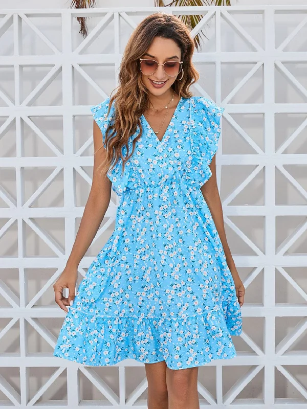 Ruffled Ditsy Floral Surplice Mini Dress Fashionable Pleated Mini Dress